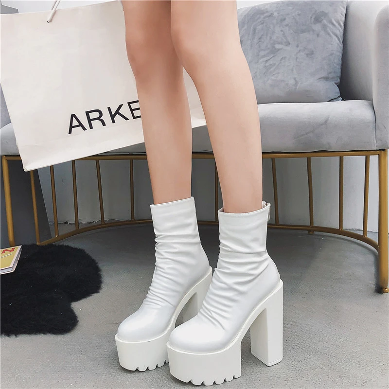 Catwalk botas de plisadas mujer, zapatos de plataforma cortos estilo chelsea, ultraalto grueso, modernas, a media pantorrilla| - AliExpress