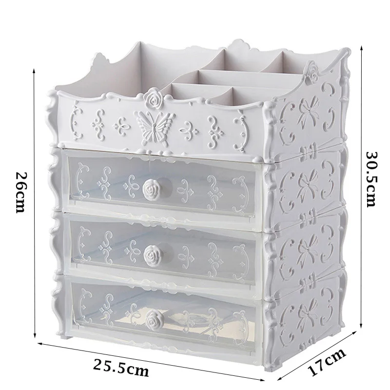 Hot New Dressing Table 3 Drawer Makeup Holder Storage Box Transparent Square Bow Pattern Lipstick O