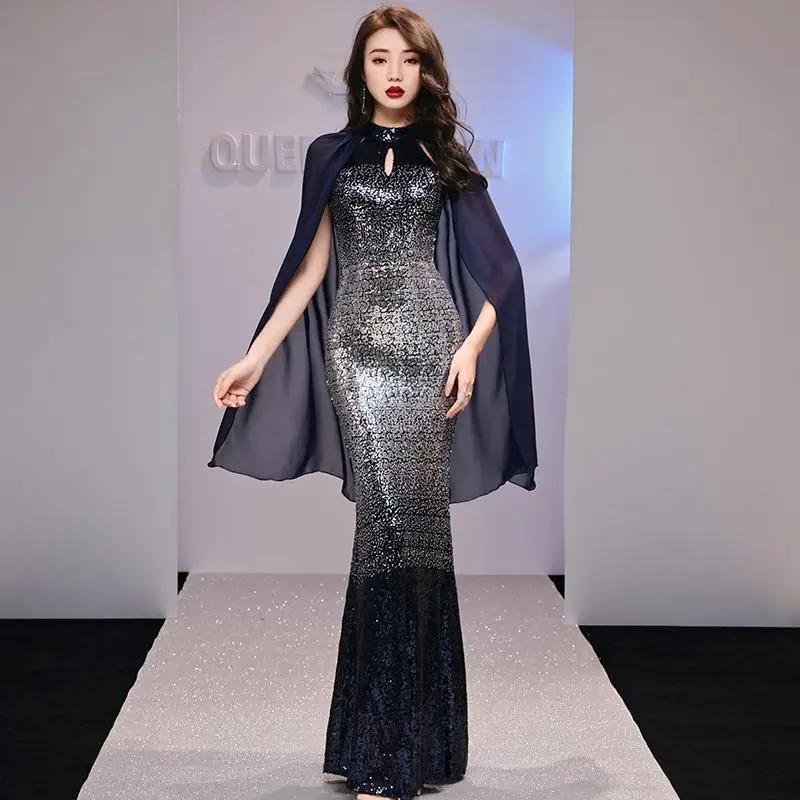 Длинный рукав труба Normcore Qipao Холтер плотный сексуальный женский Cheongsam Градиент блестками Новинка Формальное китайское платье Vestidso - Цвет: Silver A