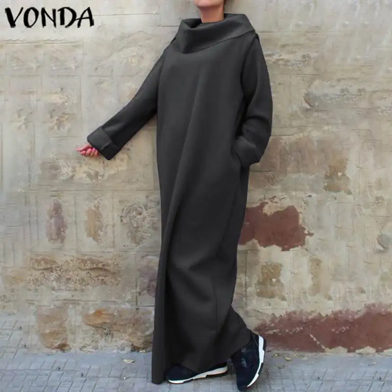VONDA/ осеннее Однотонное Платье макси с длинными рукавами длинные вечерние платья с воротником черепахи повседневные праздничные платья