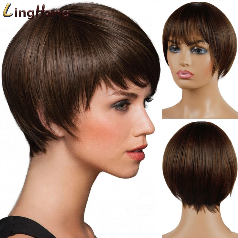 Straight Wig Short Hair-Cut-Style Synthetic-Hair Gray Pixie Women LINGHANG Red for High-Temperature-Fiber