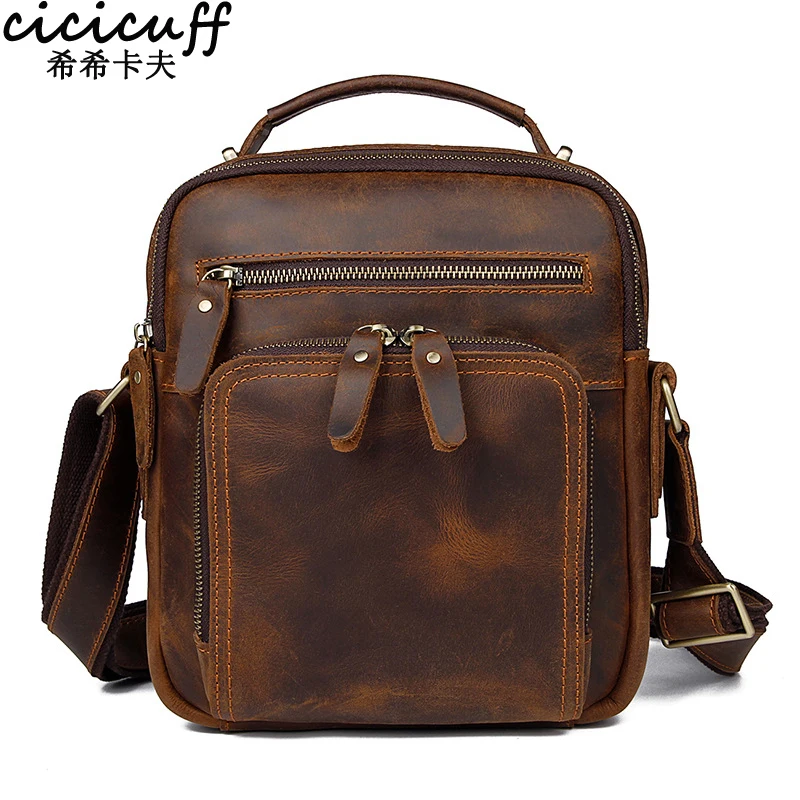 Large Capacity Men's Bag Vintage Crazy Horse Leather Multiple Zipper Pocket Messenger for Man Cross Body Portfolio |