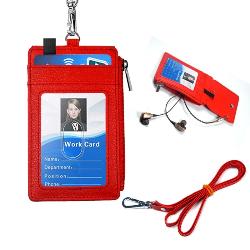 Office Unisex PU Leather ID Badge Card Holder Wallet with 5 Card Slots 1 Side RFID Blocking Pocket with Neck Lanyard Strap leather wallet wallet card holder card holder credit card holder credit card wallet business card holder