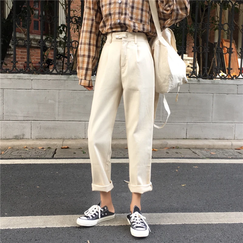 Jeans Women BF Straight Loose Solid High Waist Simple All-match Chic Casual Womens Trousers Harajuku Korean Pockets Fashion HOT