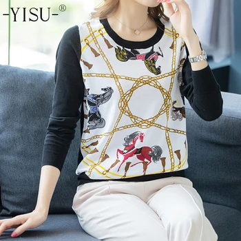 

YISU Women Knitted Sweater 2019 Autumn Winter Long Sleeve O-neck Pullovers Chain horse pattern Printed sweater jumper Women Tops