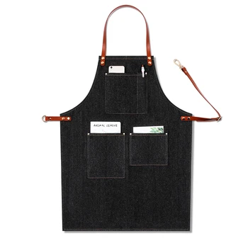 

Leather Strap Casual Chef Adjustable Denim Barista Bartender Bib Apron Removable BBQ Multi Pocket Uniform Work Baker #734