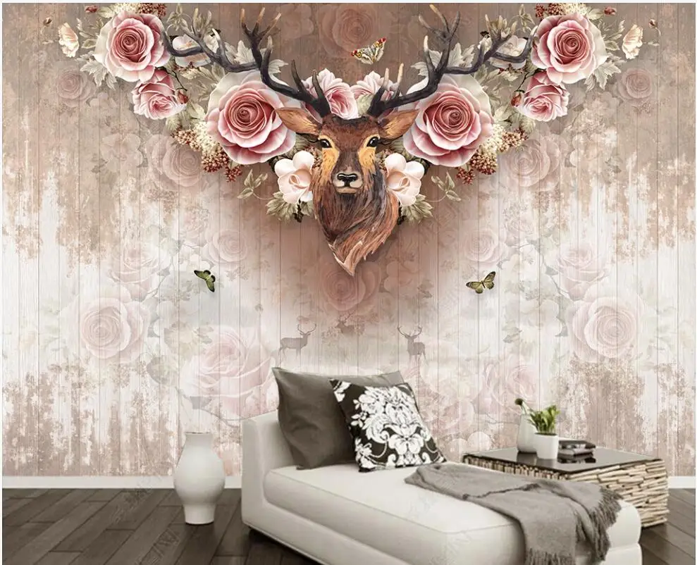 

Custom mural 3d photo wallpaper Deer head, antlers, flowers, wooden board living room home decor wallpaper for walls in rolls