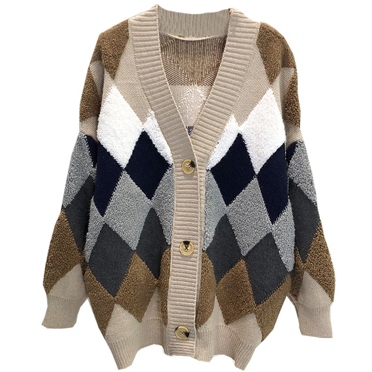 VANGULL Women Sweaters Autumn Winter fashionable Casual Plaid V-Neck Cardigans Single Breasted Puff Sleeve Loose Sweater