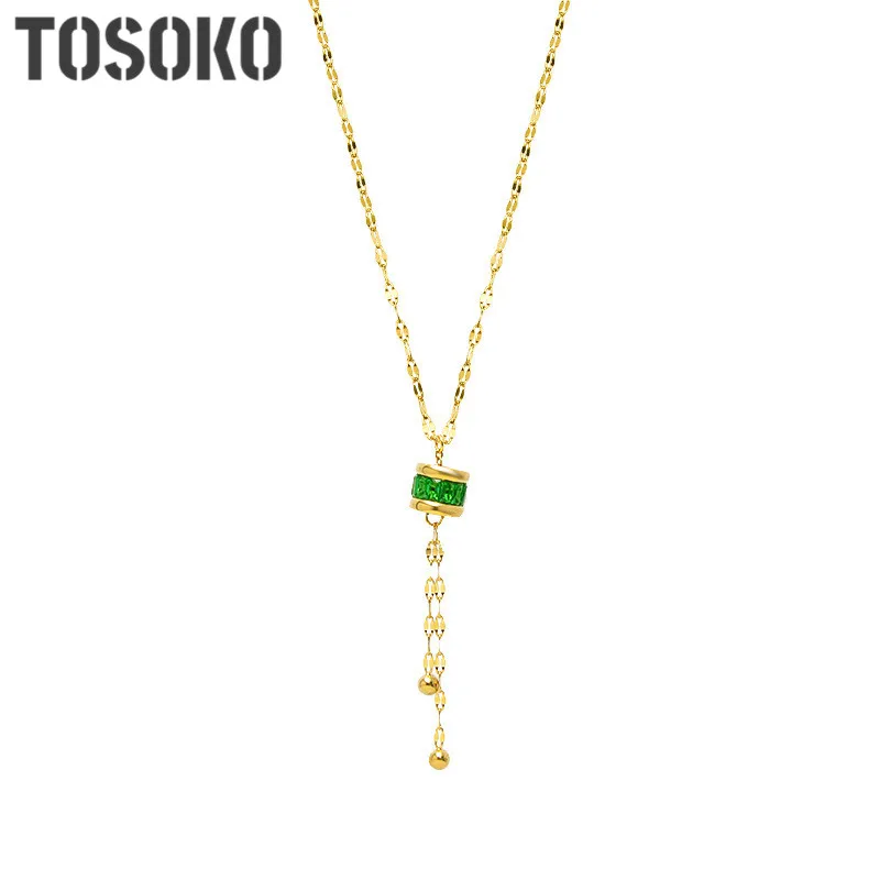 TOSOKO Stainless Steel Jewelry Small Waist Necklace Green Zircon Tassel Pendant Necklace