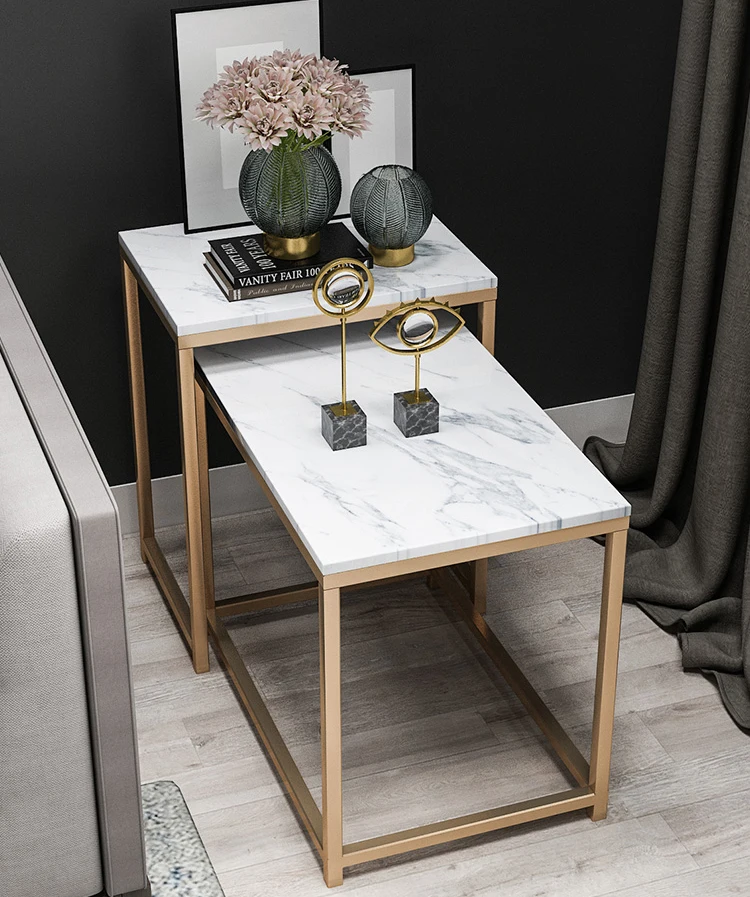 

Iron sofa side table coffee table square marble table top black golden iron frame two table set