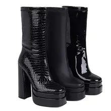 Platform Women Sexy Short Boots 2021 New Autumn WinterThick high heel Black Martin Boots Crocodile Patent leather Women's Shoes