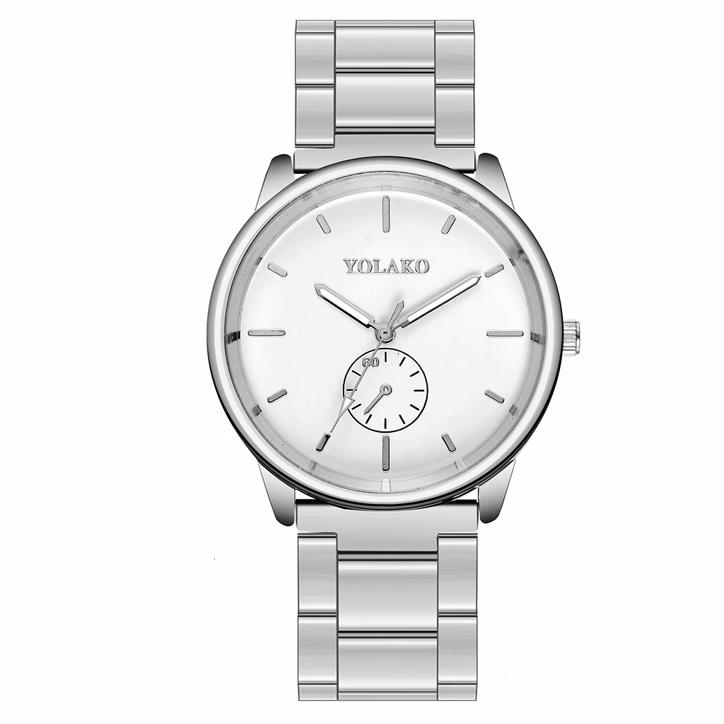 silver white YOLAKO Брендовые мужские деловые часы из нержавеющей стали эксклюзивные мужские часы кварцевые часы Relogio Masculino Hot - Цвет: silver white