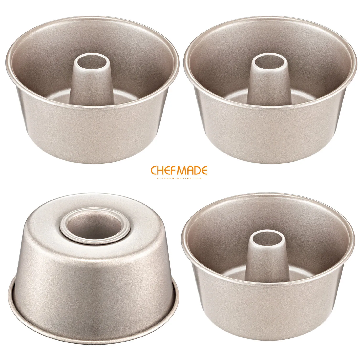 

CHEFMADE Mini Angel Food Pan Set,4-Inch 4Pcs Non-Stick Chiffon Tube Bakeware, FDA Approved for Oven Baking (Champagne Gold)