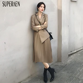 

SuperAen Office Lady Pleated Dress Spring 2020 New Fashion Ladies Dress Solid Color Cotton Korean Style Women Clothing