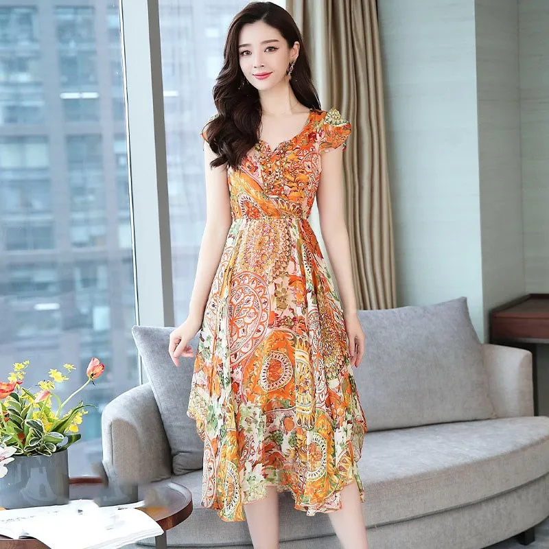 

2019 Summer Woman Korean Style Chiffon Dress Short Sleeve Floral Print Dresses Yellow Plus Size Beach Dress