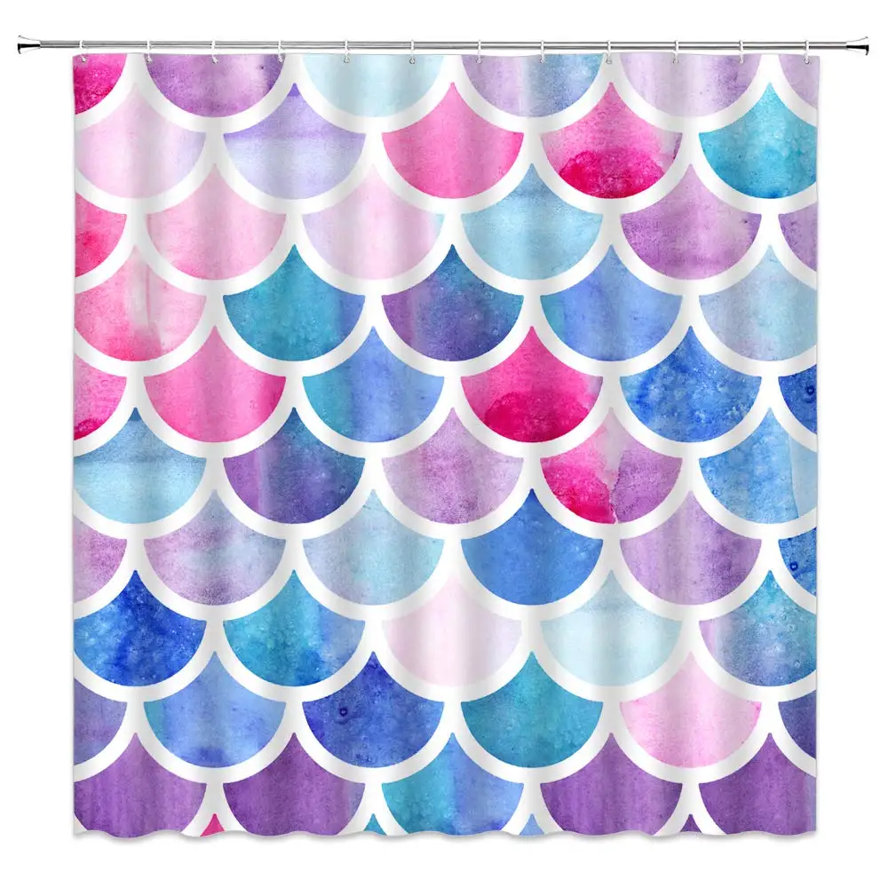 

Watercolor Shower Curtain Colorful Wave Pattern Fish Scale Style Bathroom Polyester Fabric Hanging Curtains Set Home Decor