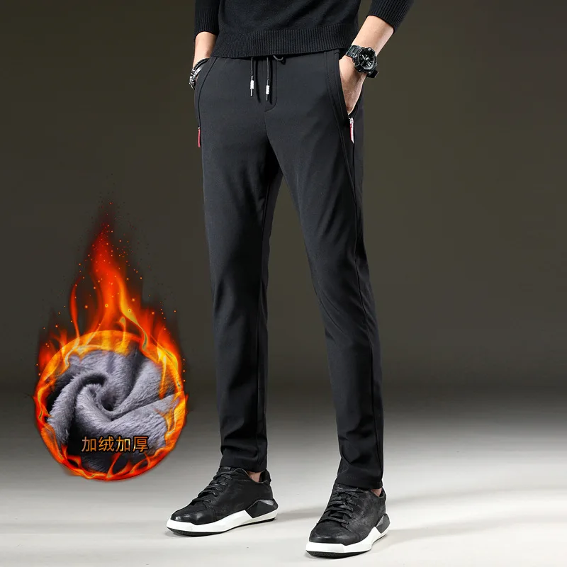  Mens Warm Pants for Winter Korean Slim Fit Fleece Lined Trousers Skinny Stretch Trousers Male Casua