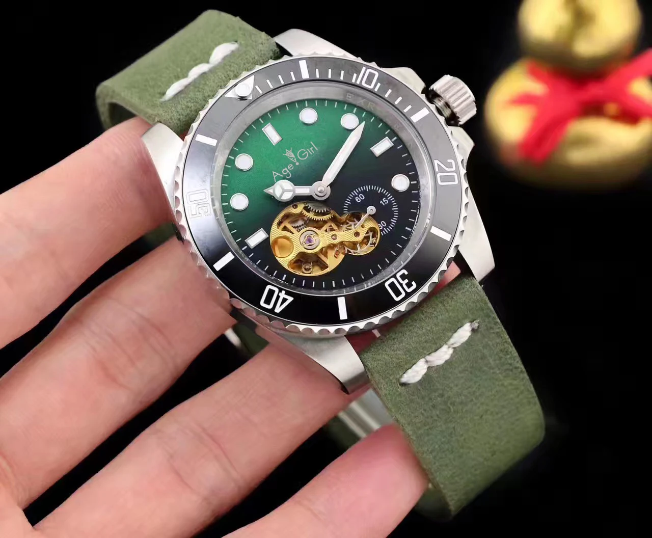 

Famous Brand New Men Automatic Mechanical Green Leather Stainless Steel Ceramic Sapphire Watch Transparent Tourbillion Skeleton