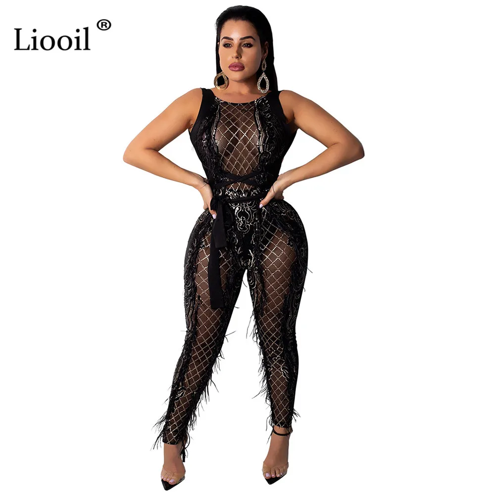 Liooil, черный, с блестками, с кисточками, прозрачные, сетчатые, сексуальные комбинезоны для женщин,, без рукавов, с открытой спиной, прозрачные, вечерние, Клубные комбинезоны, комбинезон - Цвет: Черный