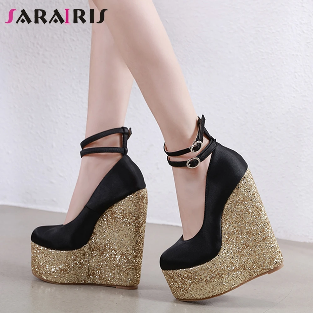 

SARAIRIS 34-43 Brand New High Platform Female Ankle Strap Black Pumps Women Party Sexy Pumps Wedges High Heels Shoes Woman