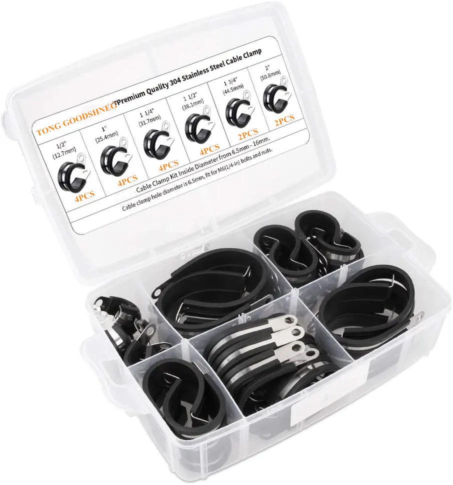 

304 из нержавеющей стальной зажим для кабеля кабельные наконечники в наборе для, резиновый валик утепленные высококачественные хомуты ассорти в 6 Размеры 1/2 ''1 1,25'' 1,5 ''1