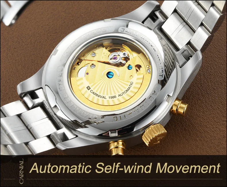 Carnival Brand Luxury Switzerland Waterproof Men Watches Mechanical Watch Men Multi-function Diamond Dial hombre relogio C8734-4
