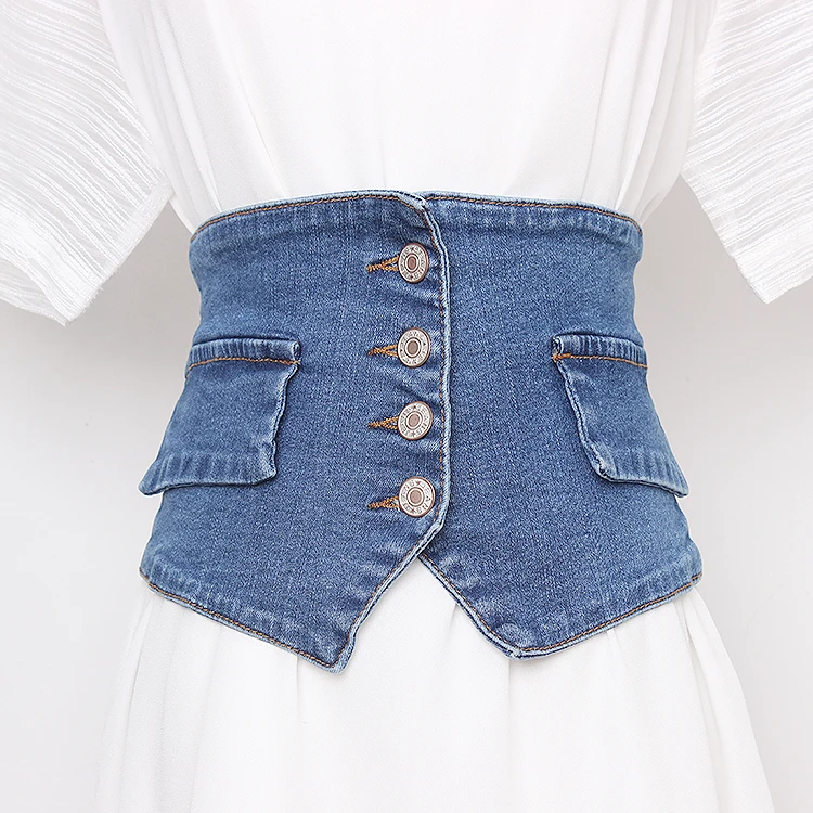 

2020 Brand Style Washed Denim Wide Waist Belt Vintage buttons Adjustable Slim Corset Jean Fabric Shirt Dress Elastic Strech Belt