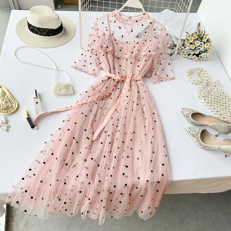 Women New Round Neck Short Sleeve Dresses Sweet Mesh Dot Print Ruffle Elegant Vestidos H460 | Женская одежда