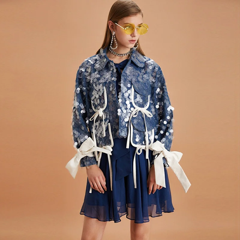 

Женская джинсовая куртка с блестками, синяя свободная дизайнерская короткая куртка с множеством карманов и бантом, уличная одежда для вечеринок, верхняя одежда для осени