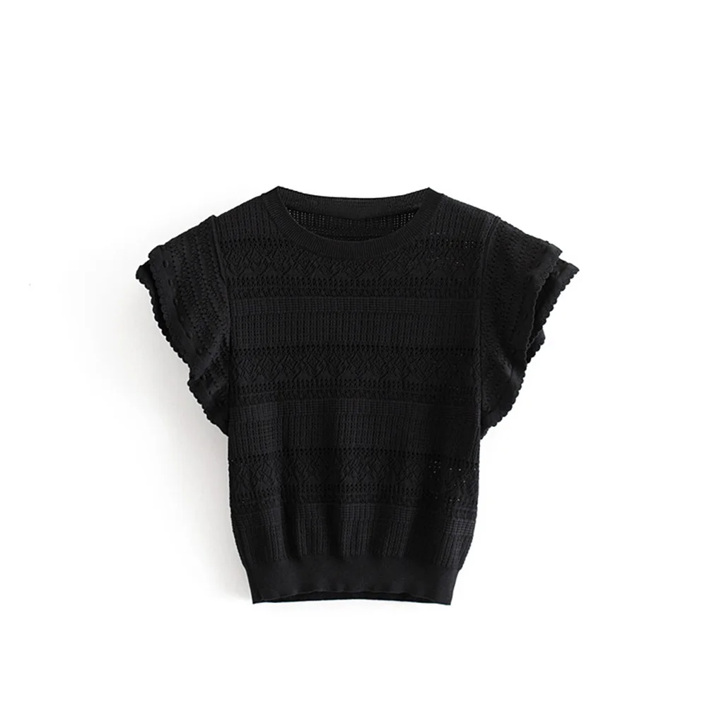 

Fall Broad Round Neck Sleeveless Loose Layered Decorative Jacquard Mesh Knitted Top