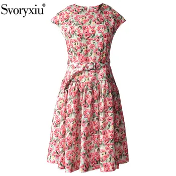 

Svoryxiu Runway Designer Summer Ramie Dress Women's Fashion Short Sleeve Flower Print Elegant Dresses Vestdios