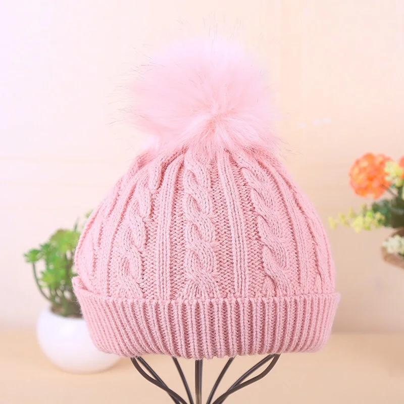 Pink Теплые наушники на осень и зиму для детей 2-8 лет, вязаная шапка, модная меховая шапка с помпоном, лыжные шапочки, шапка Z136 - Цвет: Pink