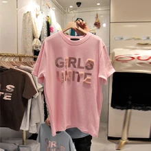 Новые летние модные футболки розовый цвет Милая футболка с надписью harajuku Koreansummer с коротким рукавом простой футболка для женщин
