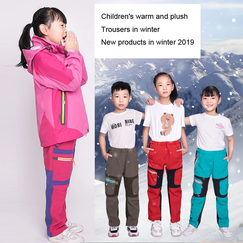 TRVLWEGO Camping Hiking Pants Autumn Winter Children Student School Windproof Waterproof Outdoor Soft Shell Warm Skiing Trousers