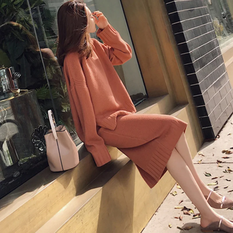 Orange Trytree/осенне-зимний женский костюм из двух предметов, повседневный пуловер с круглым вырезом, однотонные Топы+ юбки, до колена, офисный Женский комплект из 2 предметов - Цвет: Orange