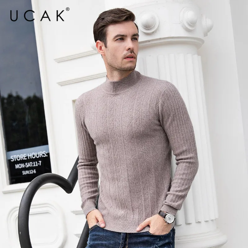 Hot Product UCAK Brand Pure Merino Wool Sweater Men O-Neck Pullover Men Autumn Winter Warm Casual Striped Pull Homme Cashmere Sweaters U3096