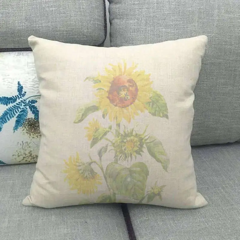 Vintage Sunflower Cushion Cover Floral Linen Blend Bed Sofa Car Pillow Case 