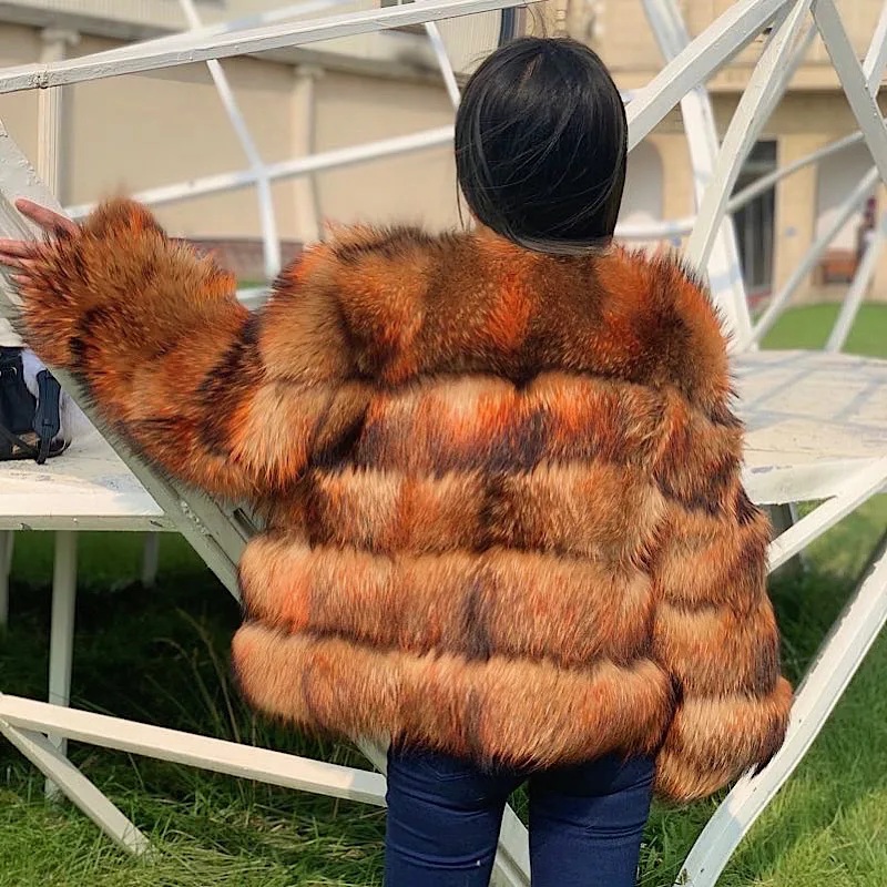2021 New Real Featured Leather Real Raccoon Dog Fur Coat Simple