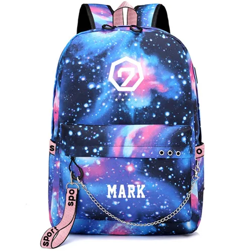 Получил 7 я получил семь Yugyeom Jinyoung Mark Рюкзак Школьные сумки галактика гром Mochila сумки ноутбук рюкзак с цепочкой USB порт - Цвет: Style 24