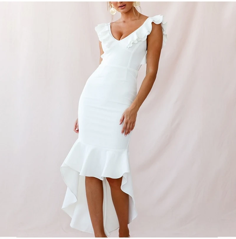 SRDP, белое сексуальное женское длинное платье с оборками, с открытой спиной, вечерние, асимметричное, облегающее, элегантное, глубокий v-образный вырез, платье русалки, халат для девушек, Vestidos