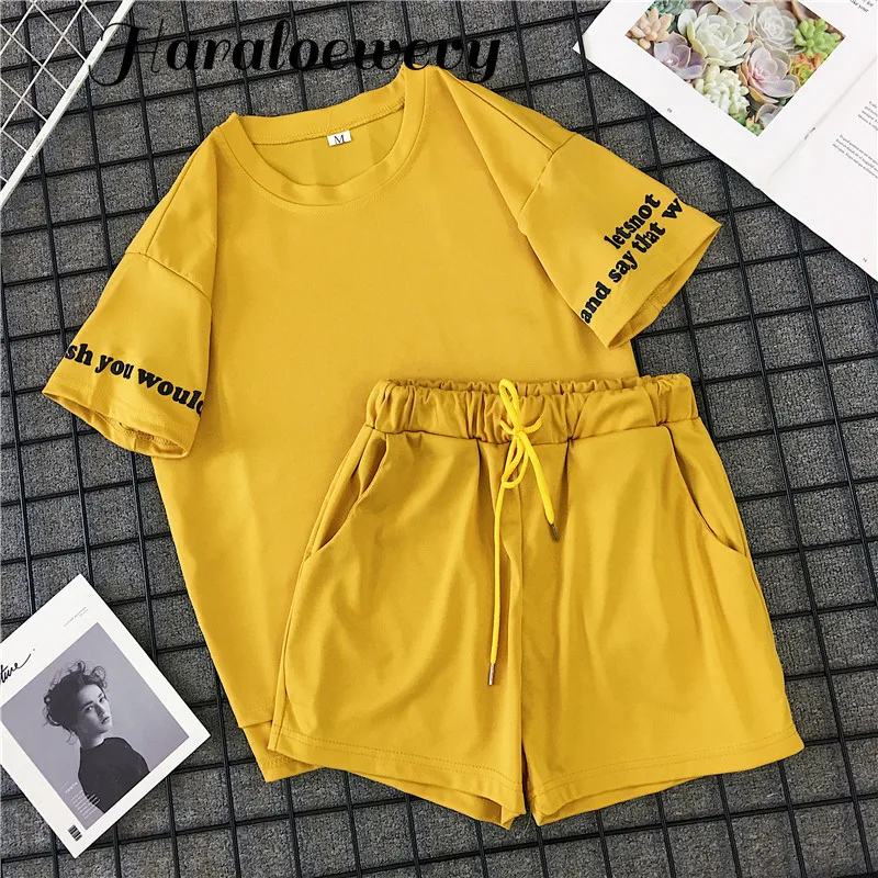 Женский комплект из 2 предметов летний костюм желтые свободные футболки с
