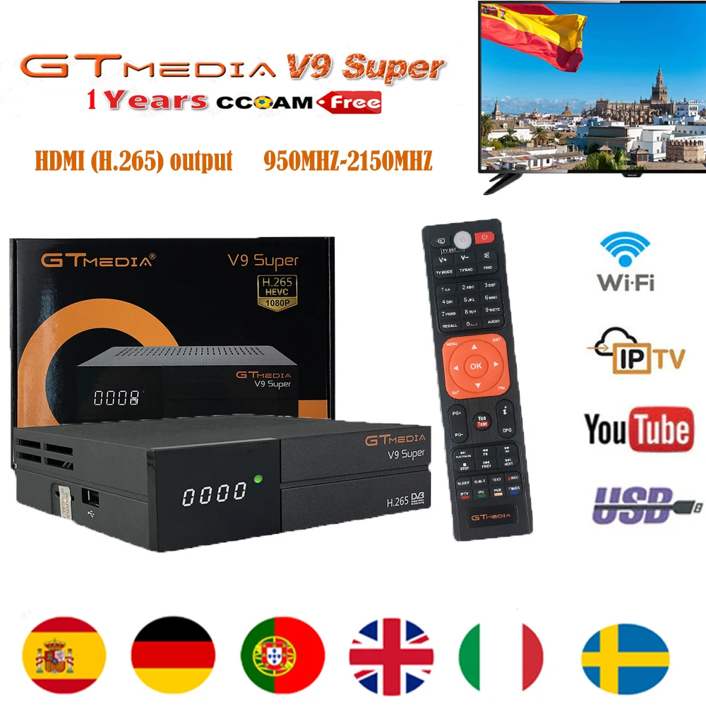 

GT Media V9 Super Satellite Receiver Freesat V9 Super New Version H.265 WIFI+1Year Europe Spain PT DE PO CCcam TV decoder