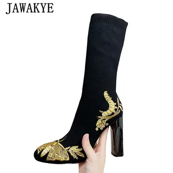 

Hot Embroidery High Heel Knitting Boots Women Gold White Butterfly Floral Pattern Short Boots Elastic Slip On Party Shoes Woman