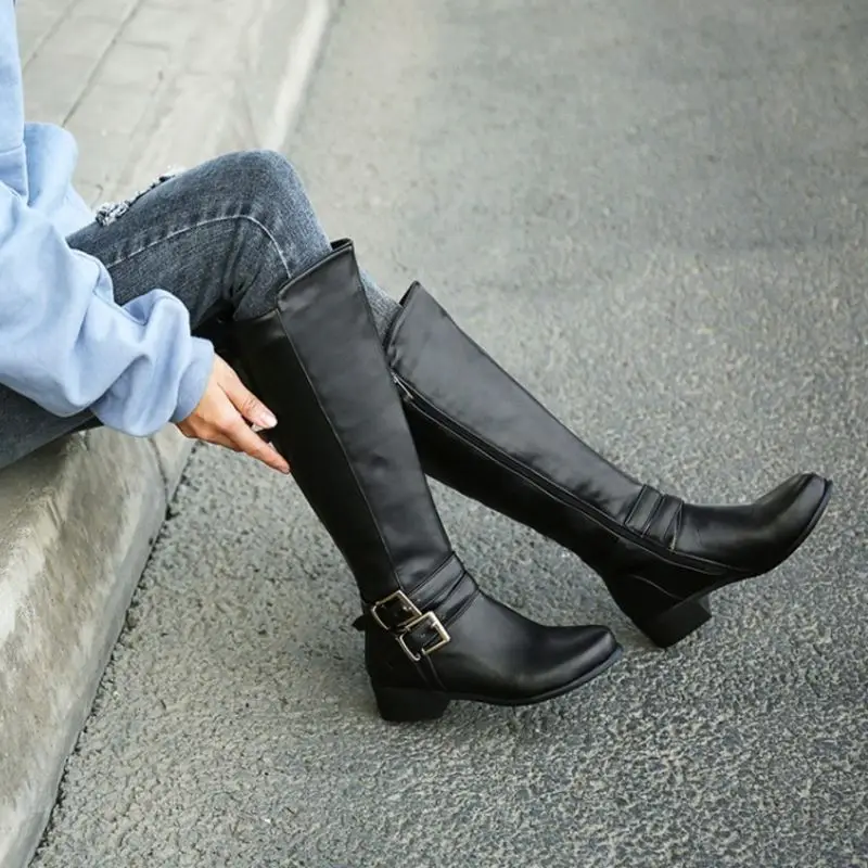 FITWEE Size 33-46 Pu Leather Knee High Boots Chunky Heels Buckle Zipper Long Boots Retro Winter Warm Shoes Woman Footwear