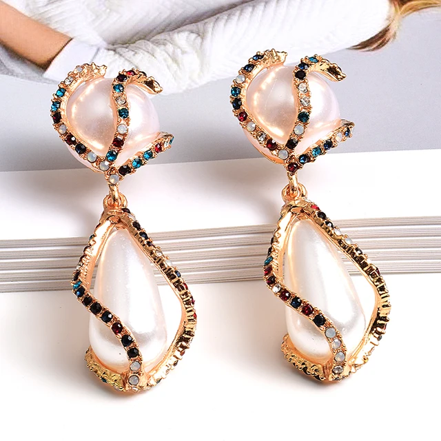 Colorful Rhinestone Big Pearl Drop Earrings 1