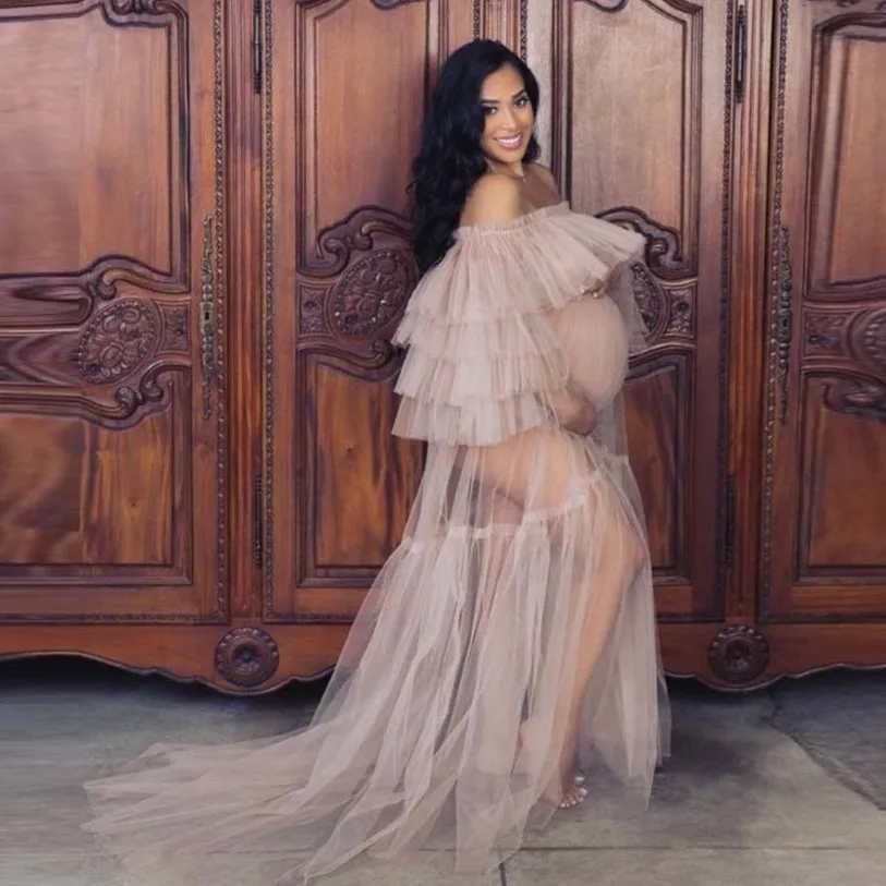 

See Through Women Wraps Dress Off Shoulder Long Tulle Ruffles Pregnant Photo Shoot Dresses Plus Size Sheer Party Gown Hot Sale