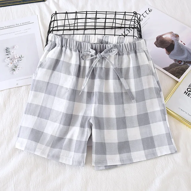 Couple pajamas summer cotton gauze shorts Japanese style simple elastic waist casual large size lattice men and women home pants Female gray big grid