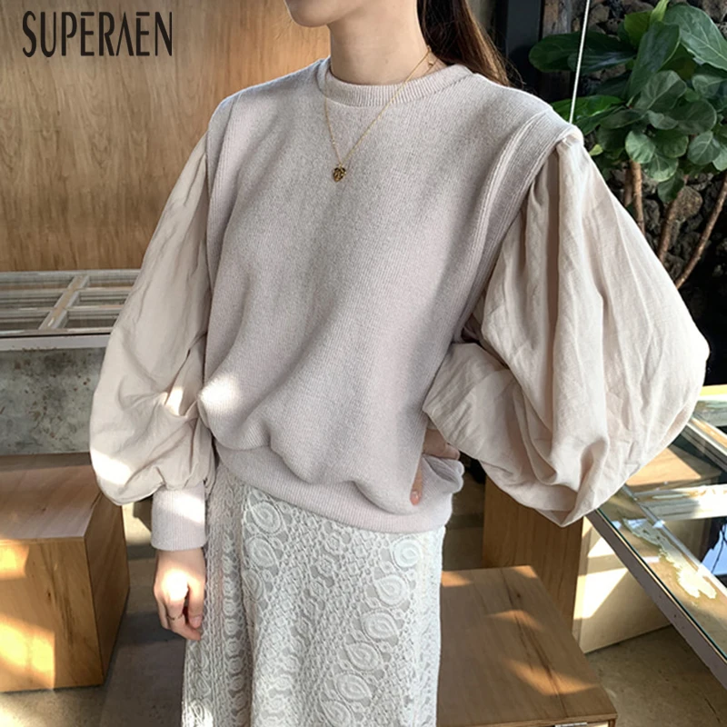 SuperAen худи в Корейском стиле, женские хлопковые свитшоты на осень и зиму, новинка, женские свитшоты с круглым вырезом, хлопковые топы