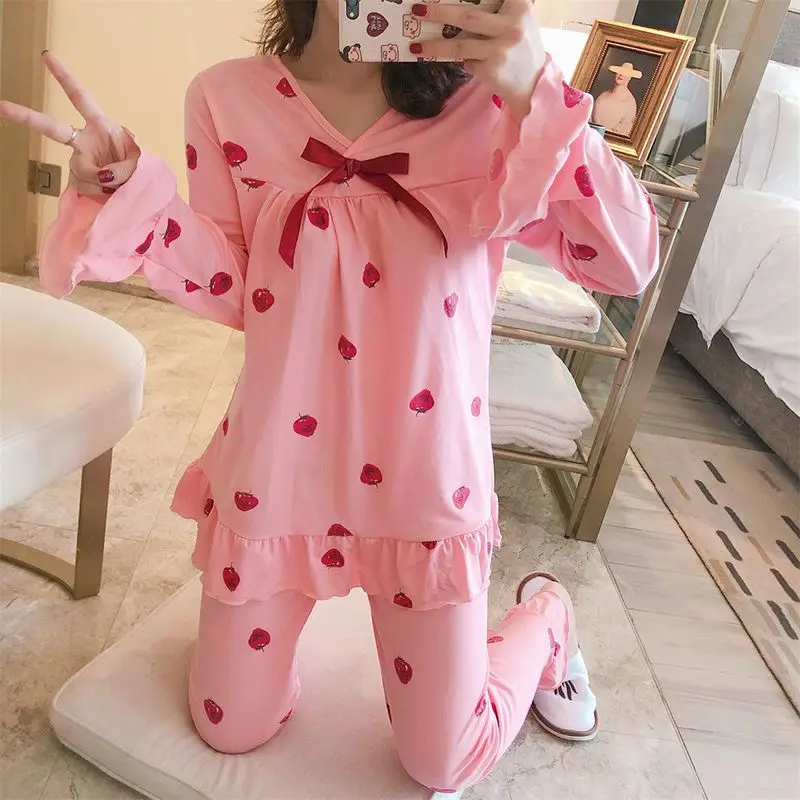 

Autumn Sleepwear Printing V-Neck Top + Long Pant 2Sets Pajamas Set Sleepwear Nighty Female Casual Autumn Winter Pajamas