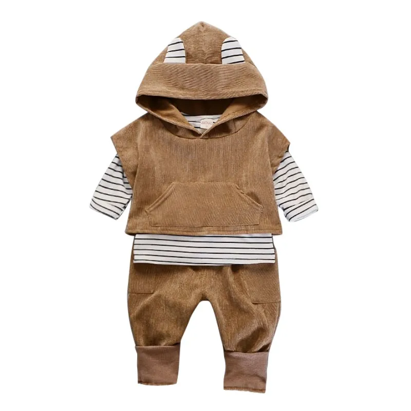 HilittlekidBaby/Длинный топ в полоску для маленьких мальчиков и девочек+ кордовое пальто с ушками+ длинные штаны теплые комплекты для активного отдыха на весну и осень комплекты детской хлопковой одежды - Цвет: Хаки